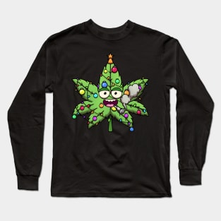 Weed Christmas Tree Character Smoking Joint Long Sleeve T-Shirt